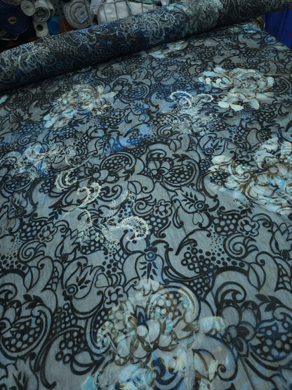 Velvet Burnout Teal/Brown Paisley Floral Silk Chiffon