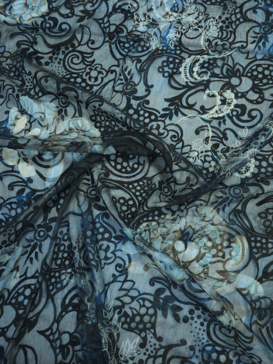 Velvet Burnout Teal/Brown Paisley Floral Silk Chiffon