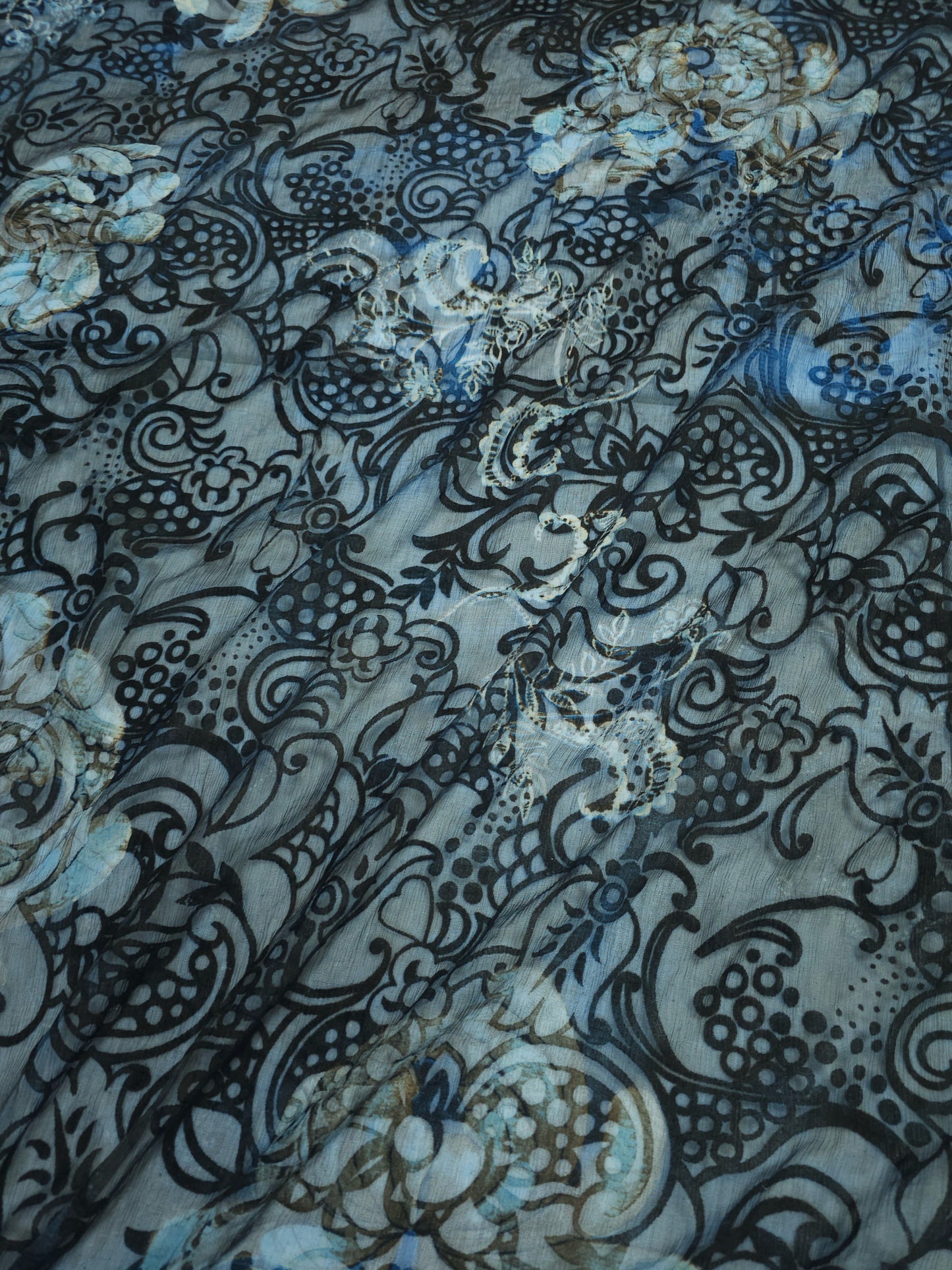 Velvet Burnout Teal/Brown Paisley Floral Silk Chiffon