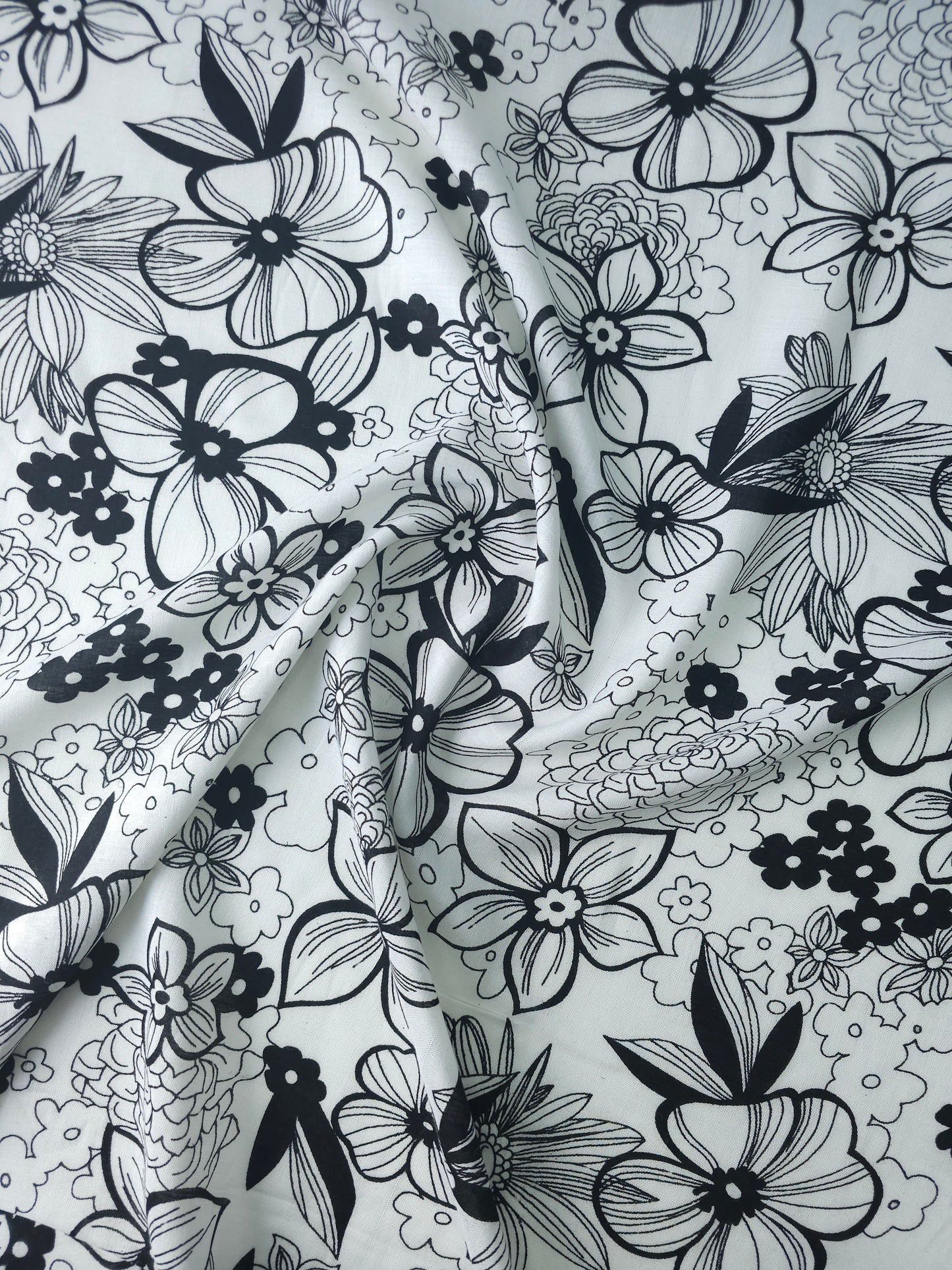 White/Black Sketch Floral Viscose Challis