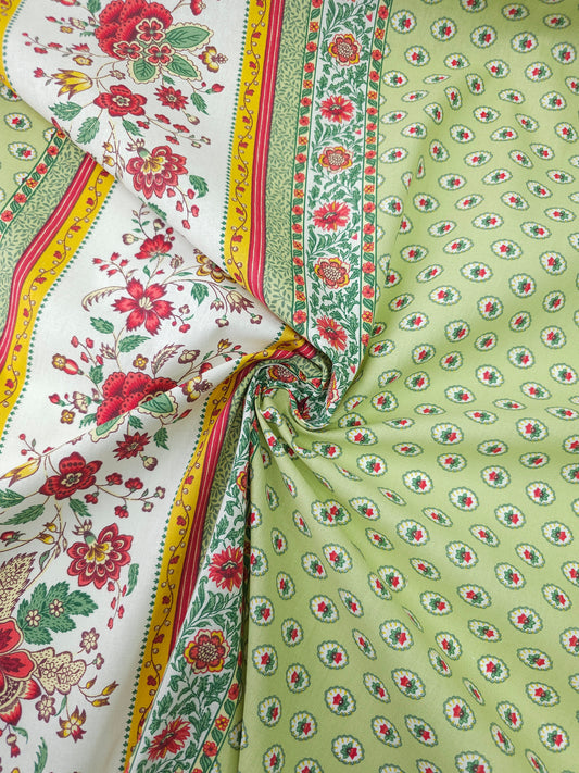 Pale Lime Vintage Border Tulip Calico Cotton