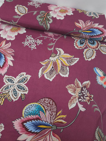 Burgundy Large Butterfly Bird Floral 100% Cotton 106"