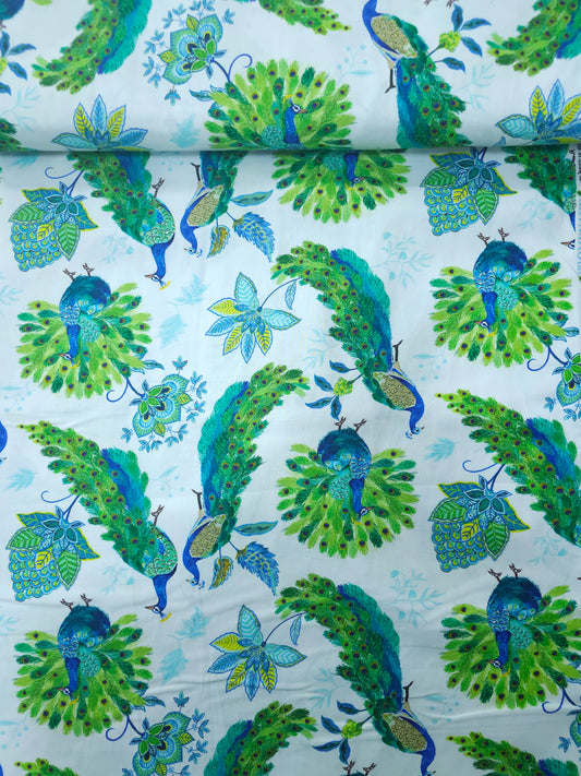 White/Blue/Green Peacock Floral 100% Cotton