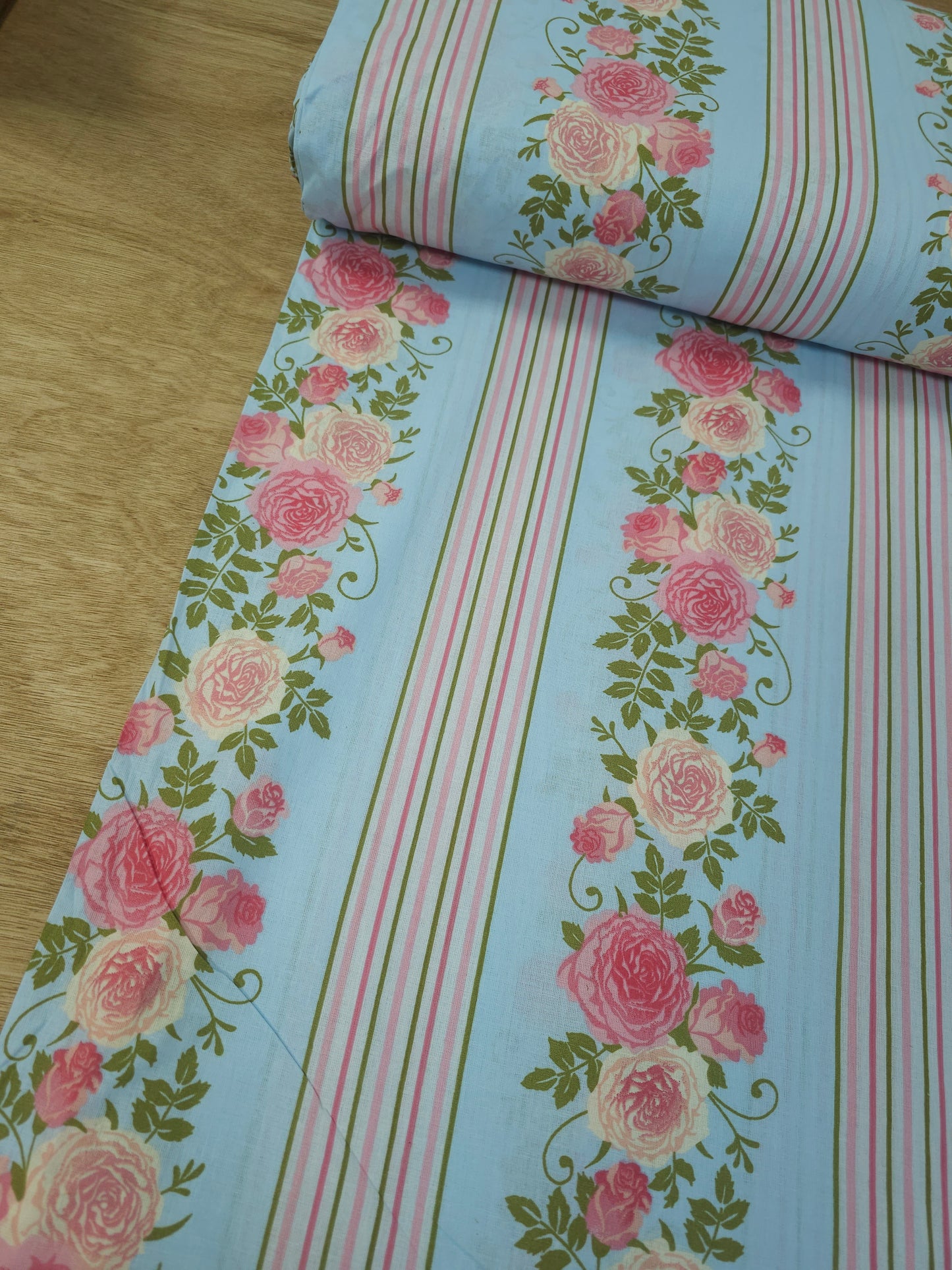 Light Blue/Pink Rose Floral Stripe 100% Cotton 110"