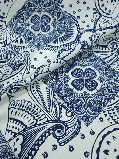 Navy/Off-White Paisley Damask Cotton Poplin