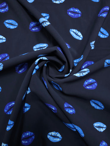 Blue/Navy Lips Viscose Crepe Stretch