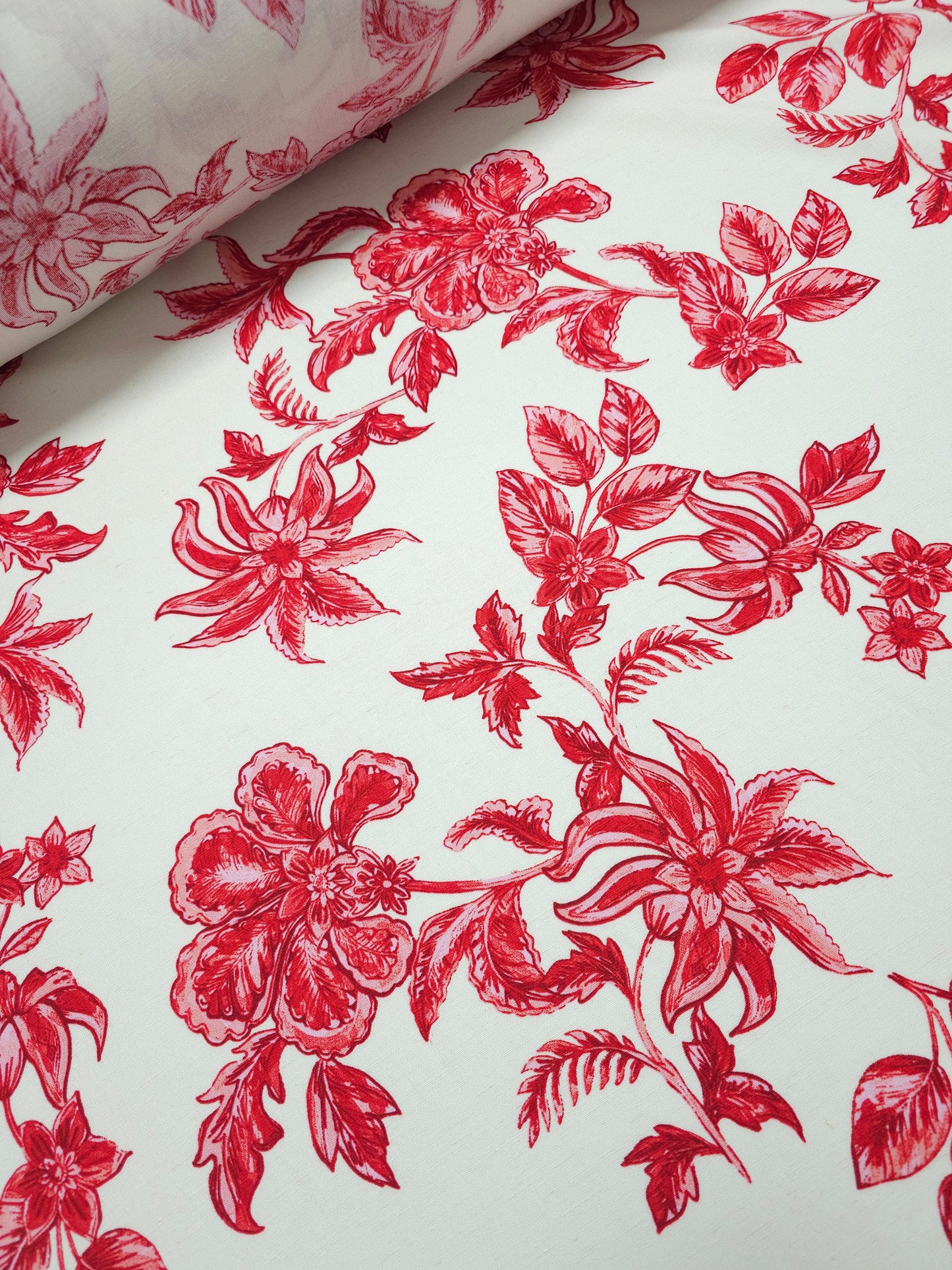 Pinky Red/White Exotic Floral Viscose Linen