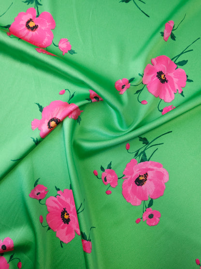 Green/Pink Small Poppy Flower Poly Satin