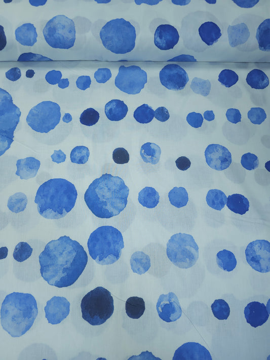 Blue/White Irregular Polka Splodge 100% Cotton 110"