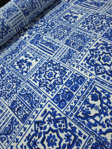 Ivory/Blue Greek Tile Viscose Crepe