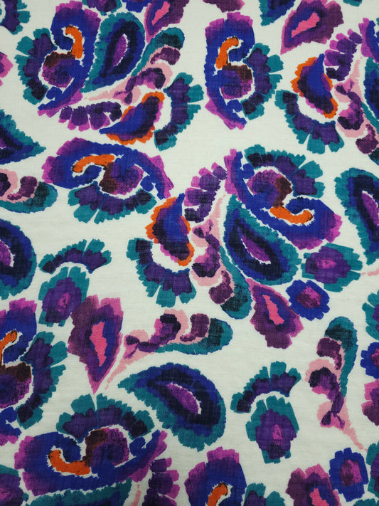 Purple/Blue Watercolour Paisley Sketch Cotton Flax