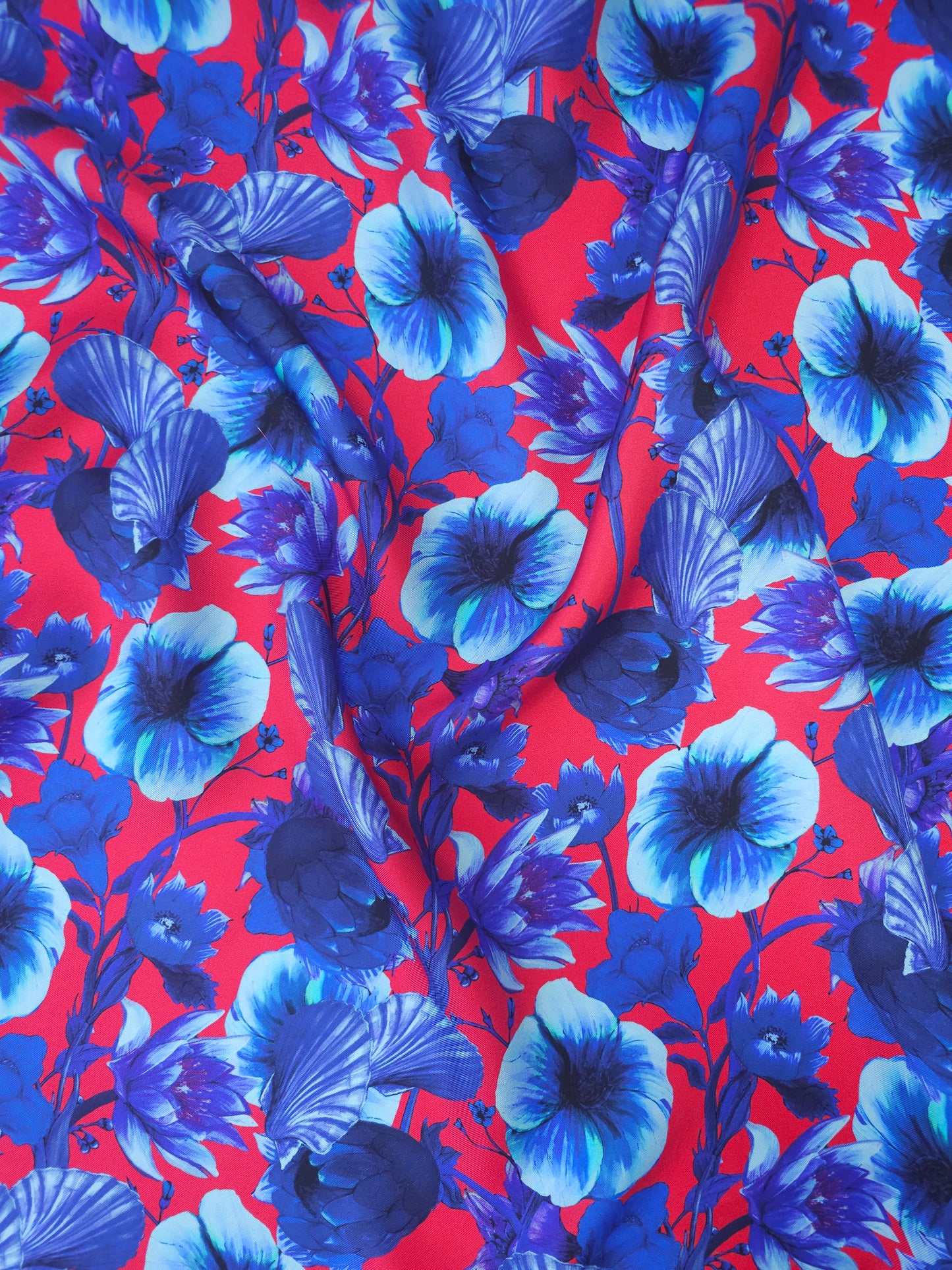 Red/Blue Shell Floral Poly Satin Twill