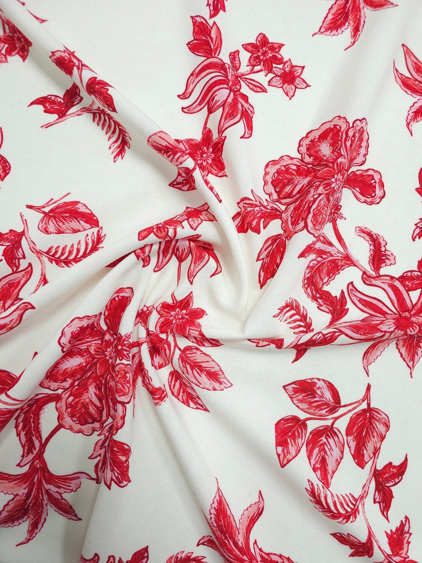 Pinky Red/White Exotic Floral Viscose Linen