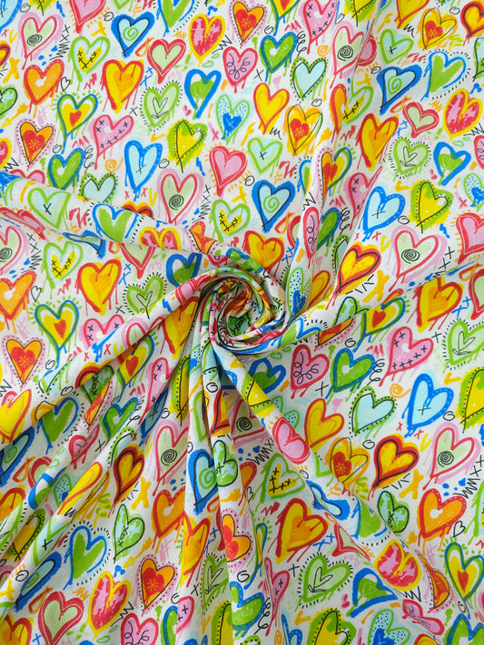 Multicolour Doodle Hearts Calico Cotton