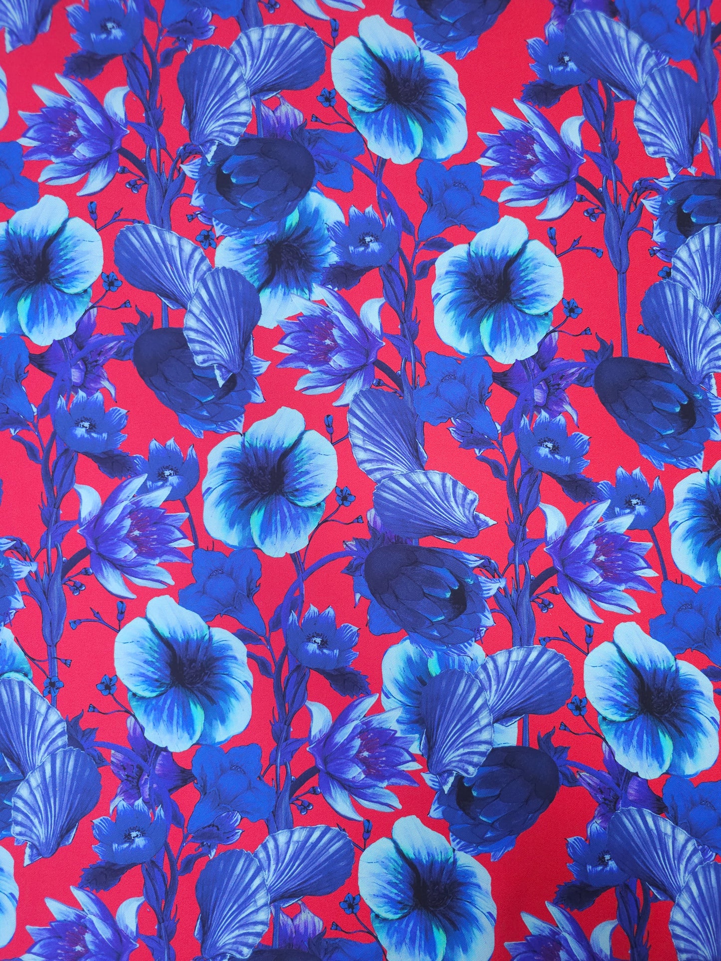 Red/Blue Shell Floral Poly Satin Twill