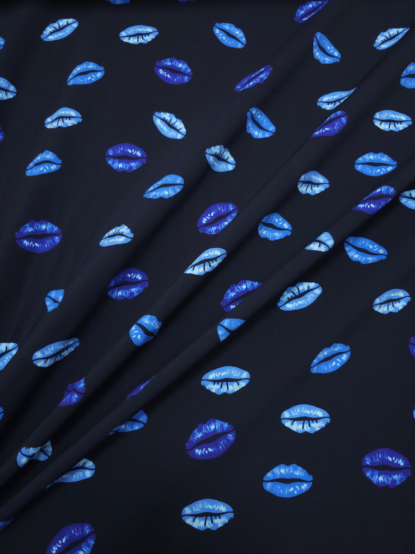 Blue/Navy Lips Viscose Crepe Stretch