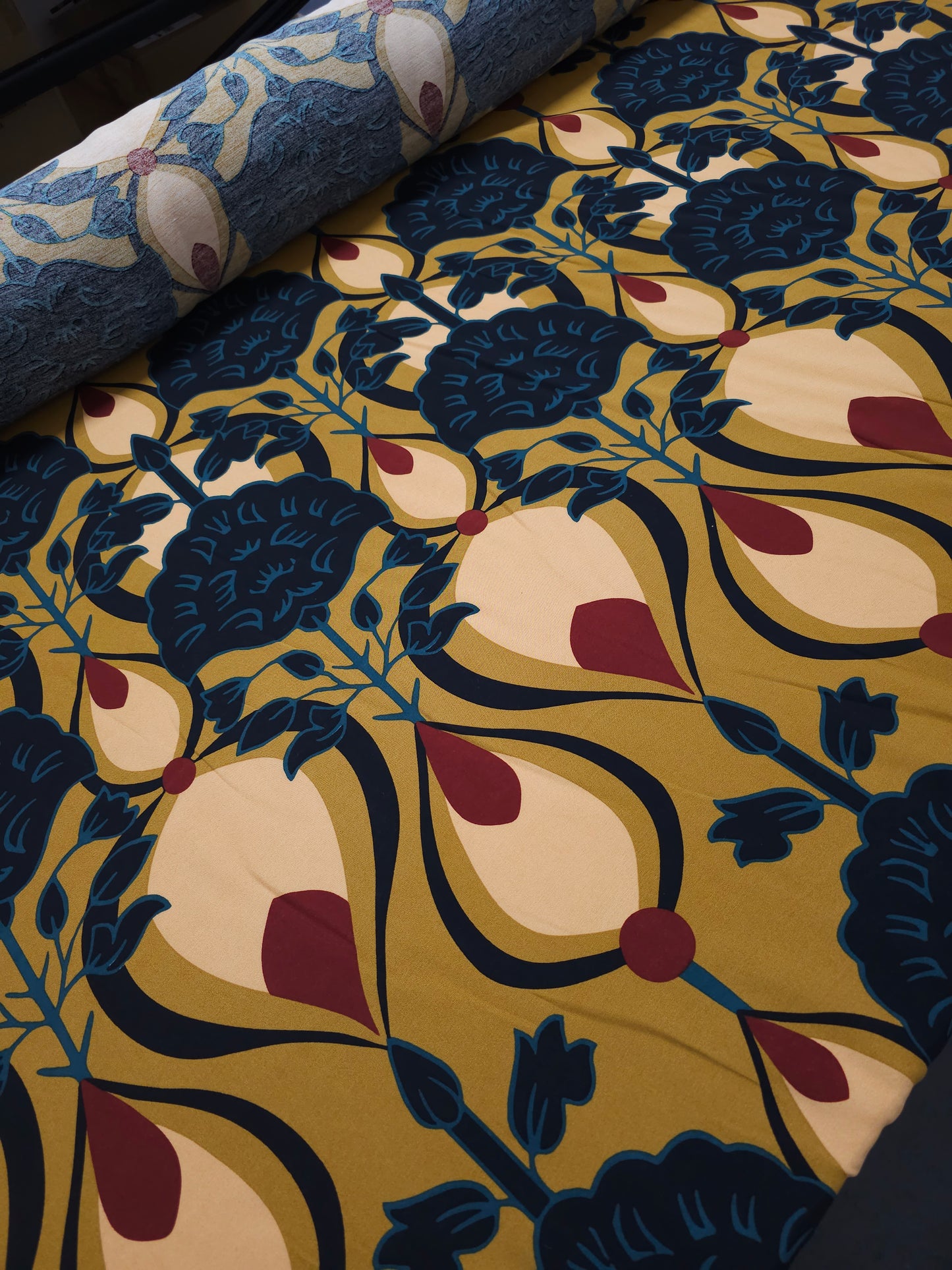 *PRE-ORDER* Deep Mustard/Teal Droplet Floral Twine Viscose Challis