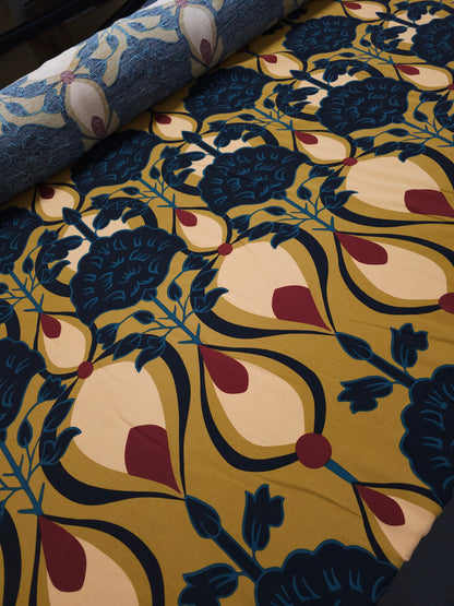 *PRE-ORDER* Deep Mustard/Teal Droplet Floral Twine Viscose Challis