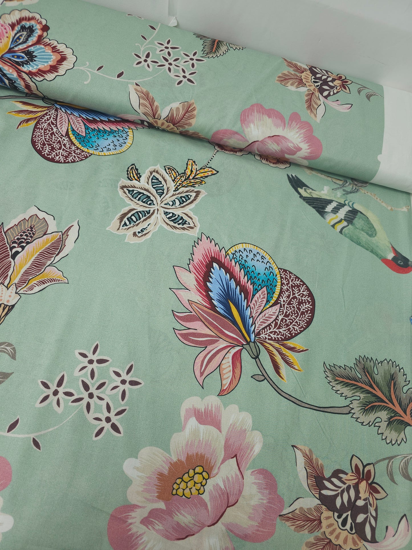 Sage Green Butterfly Bird Floral 100% Cotton 106"