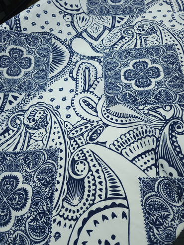 Navy/Off-White Paisley Damask Cotton Poplin