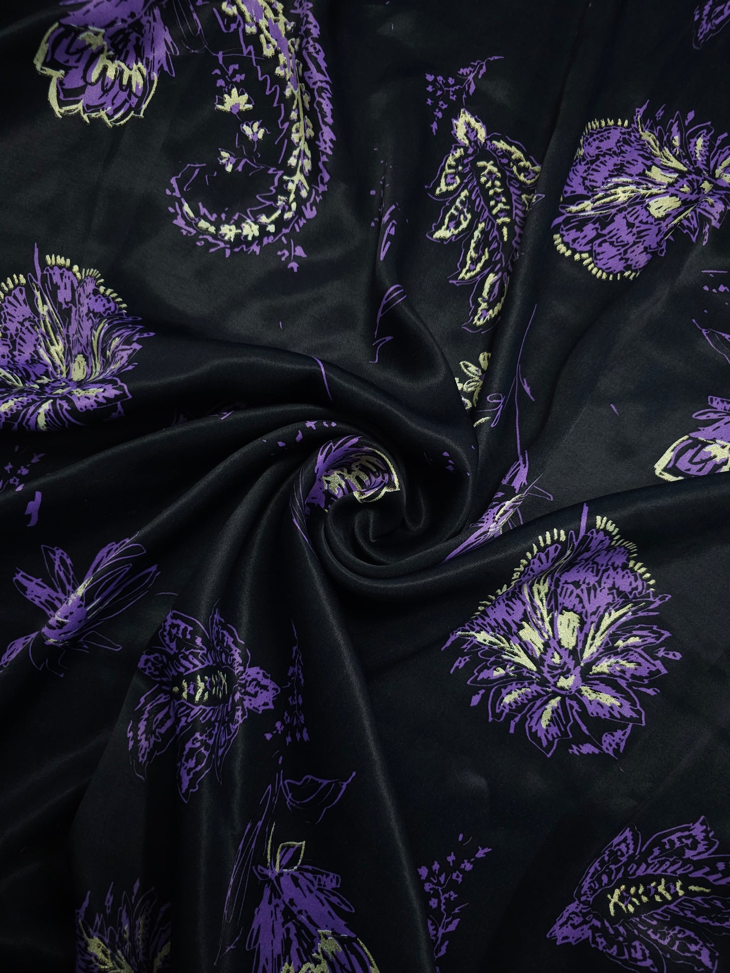 Purple/Gold Paisley Floral Viscose Satin