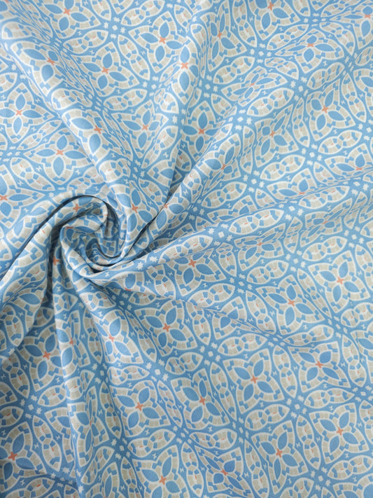 Pale Blue Damask Tile Print 100% Cotton