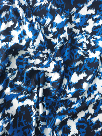 Blue Abstract Brush Stroke Poly Viscose Crepe