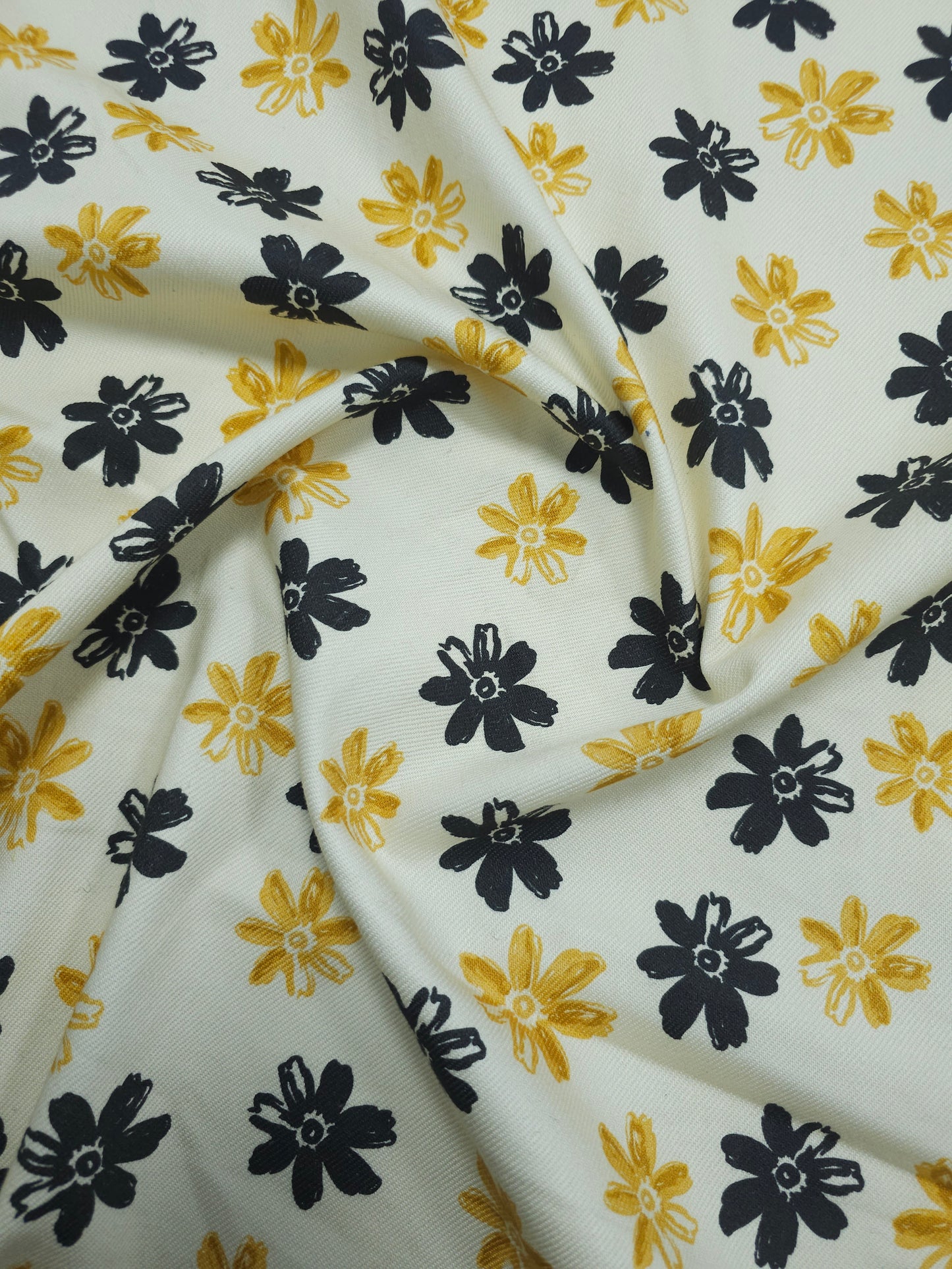 Marigold/Black Daisy Floral Mediumweight Cotton Twill