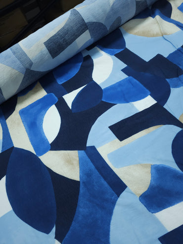 Blue/Beige Abstract Shapes Viscose Crepe