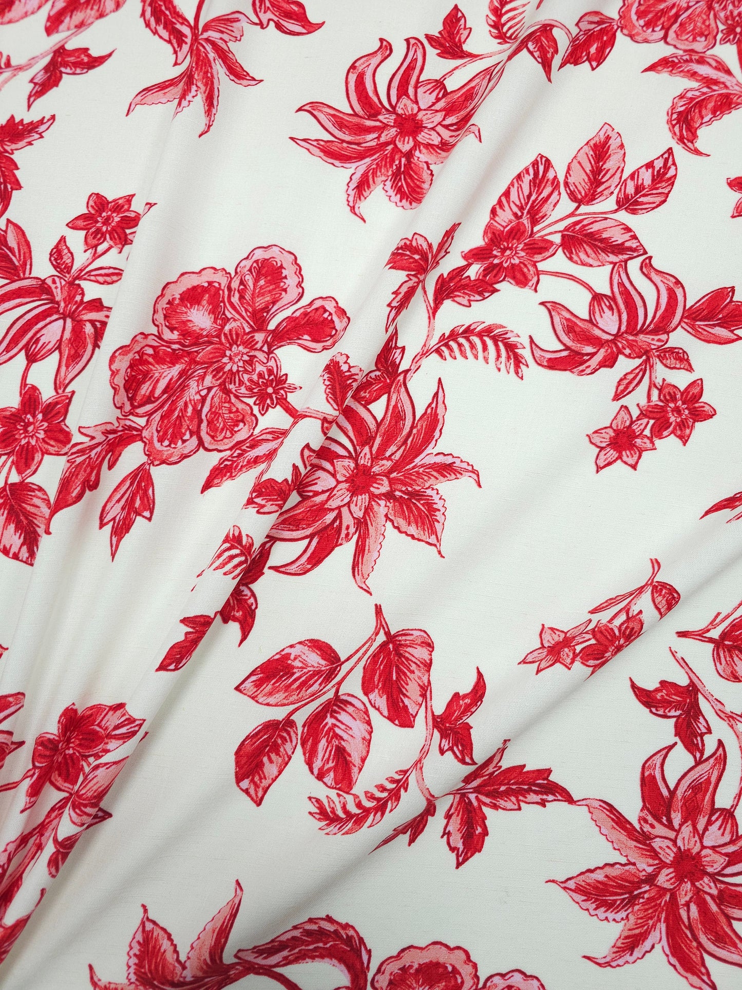 Pinky Red/White Exotic Floral Viscose Linen