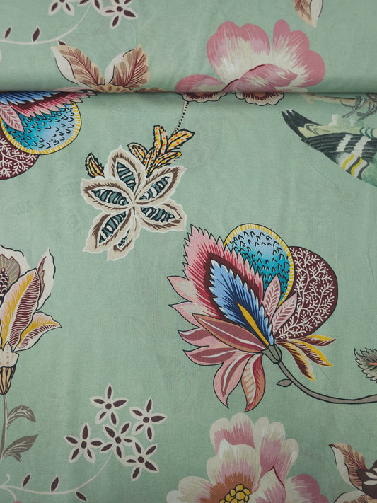 Sage Green Butterfly Bird Floral 100% Cotton 106"