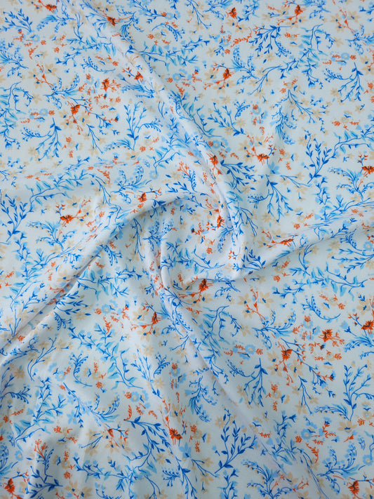 Blue/Orange Ditsy Floral Twine Viscose Jersey