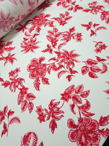 Pinky Red/White Exotic Floral Viscose Linen