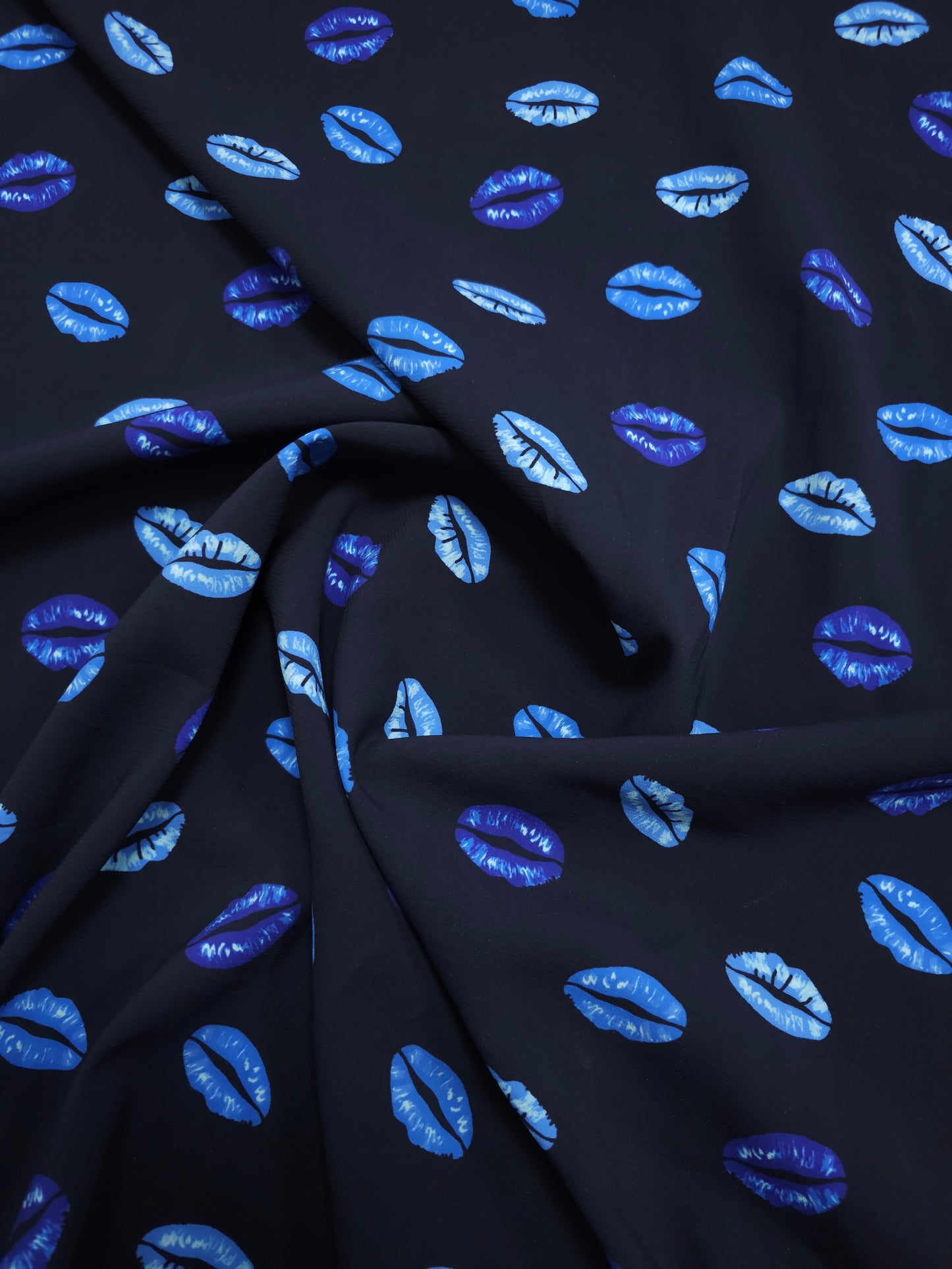 Blue/Navy Lips Viscose Crepe Stretch