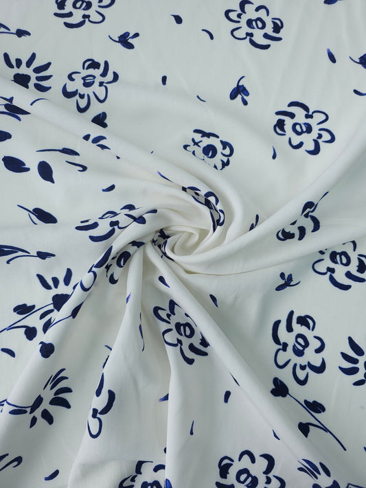 Navy Watercolour Floral Meadow Viscose Linen