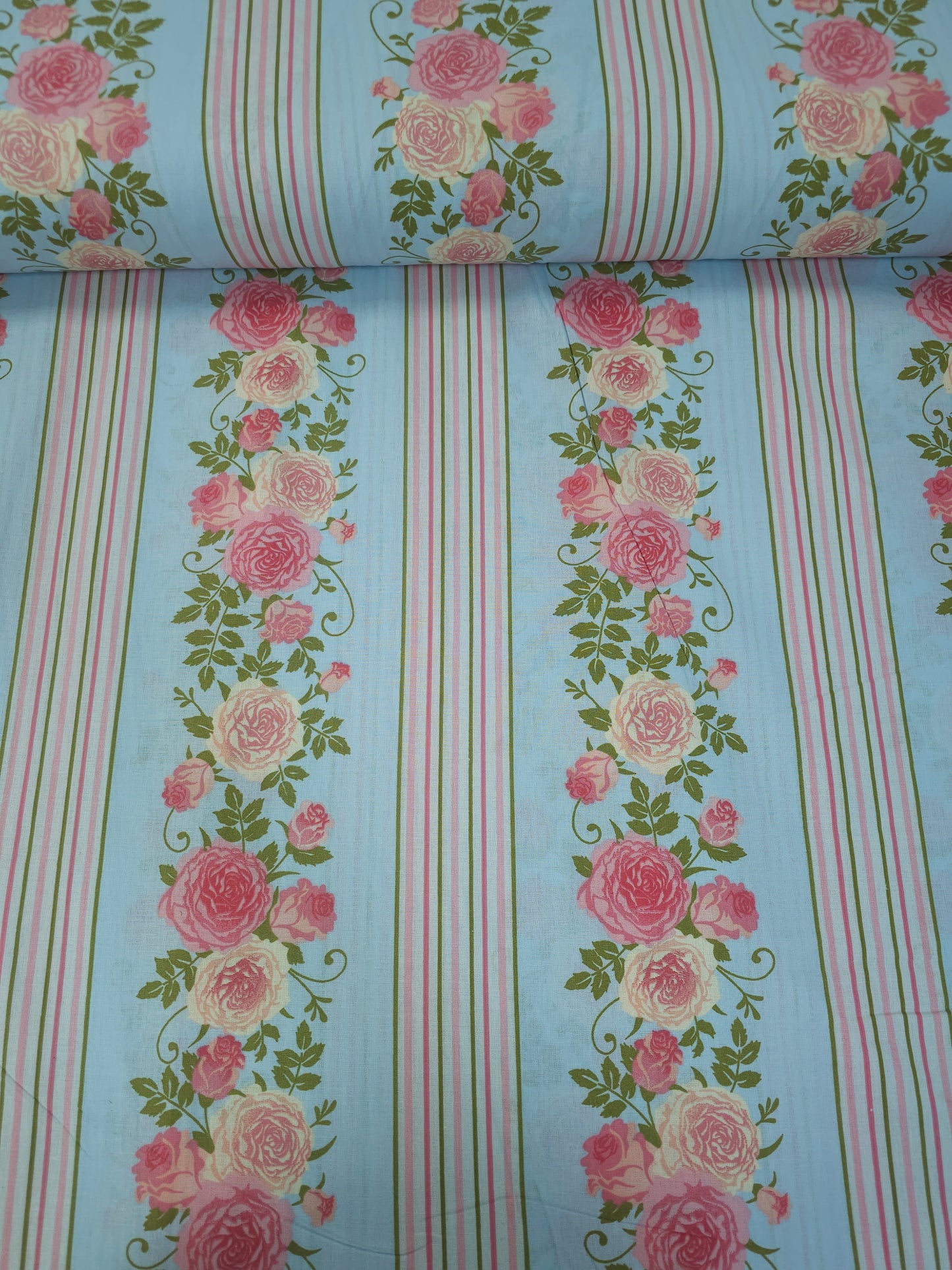 Light Blue/Pink Rose Floral Stripe 100% Cotton 110"