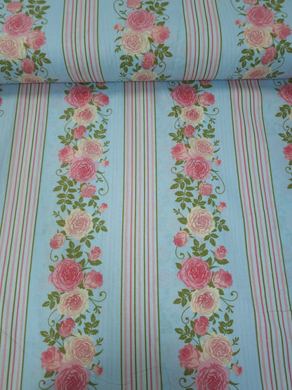 Light Blue/Pink Rose Floral Stripe 100% Cotton 110"