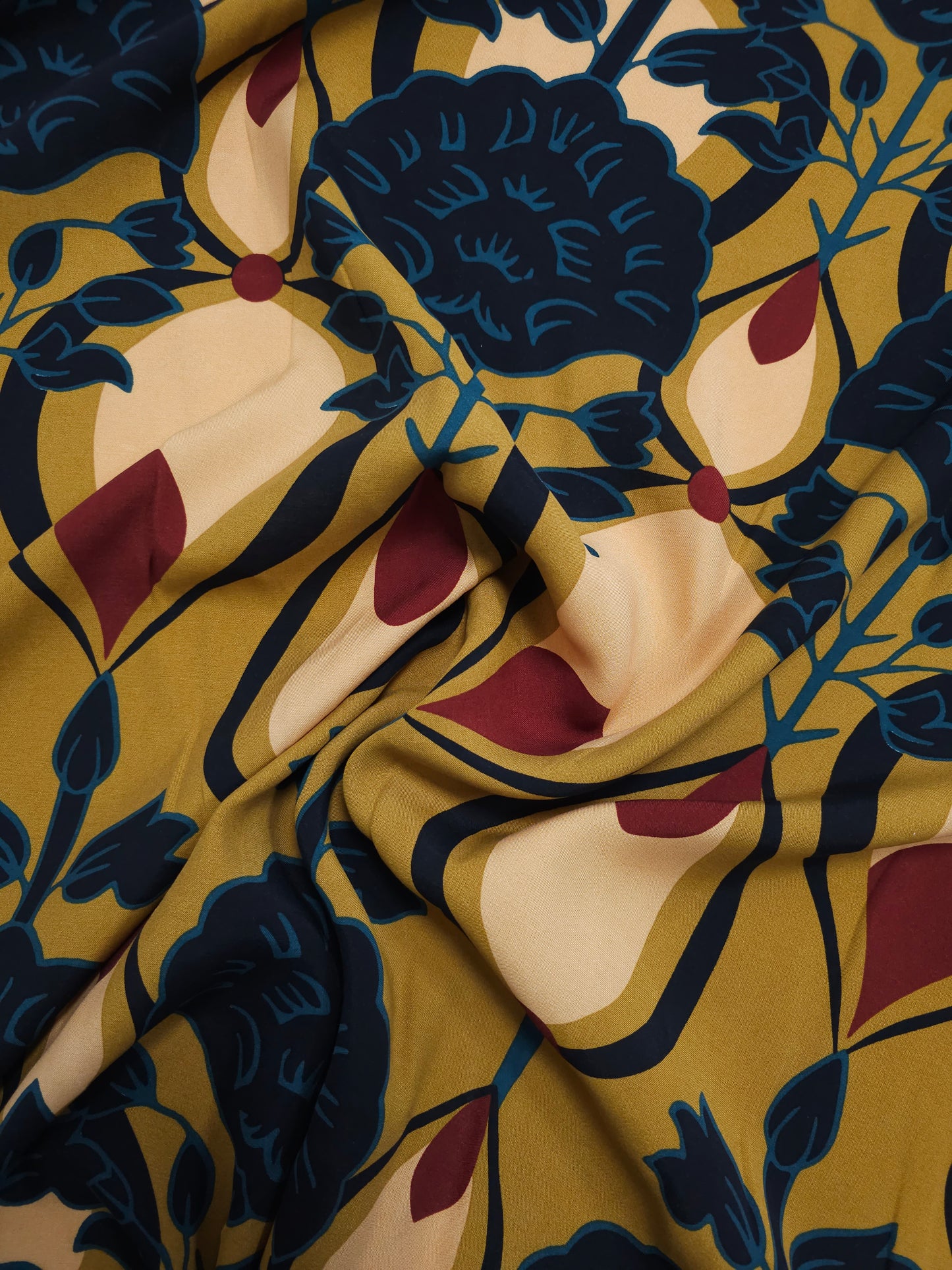 *PRE-ORDER* Deep Mustard/Teal Droplet Floral Twine Viscose Challis