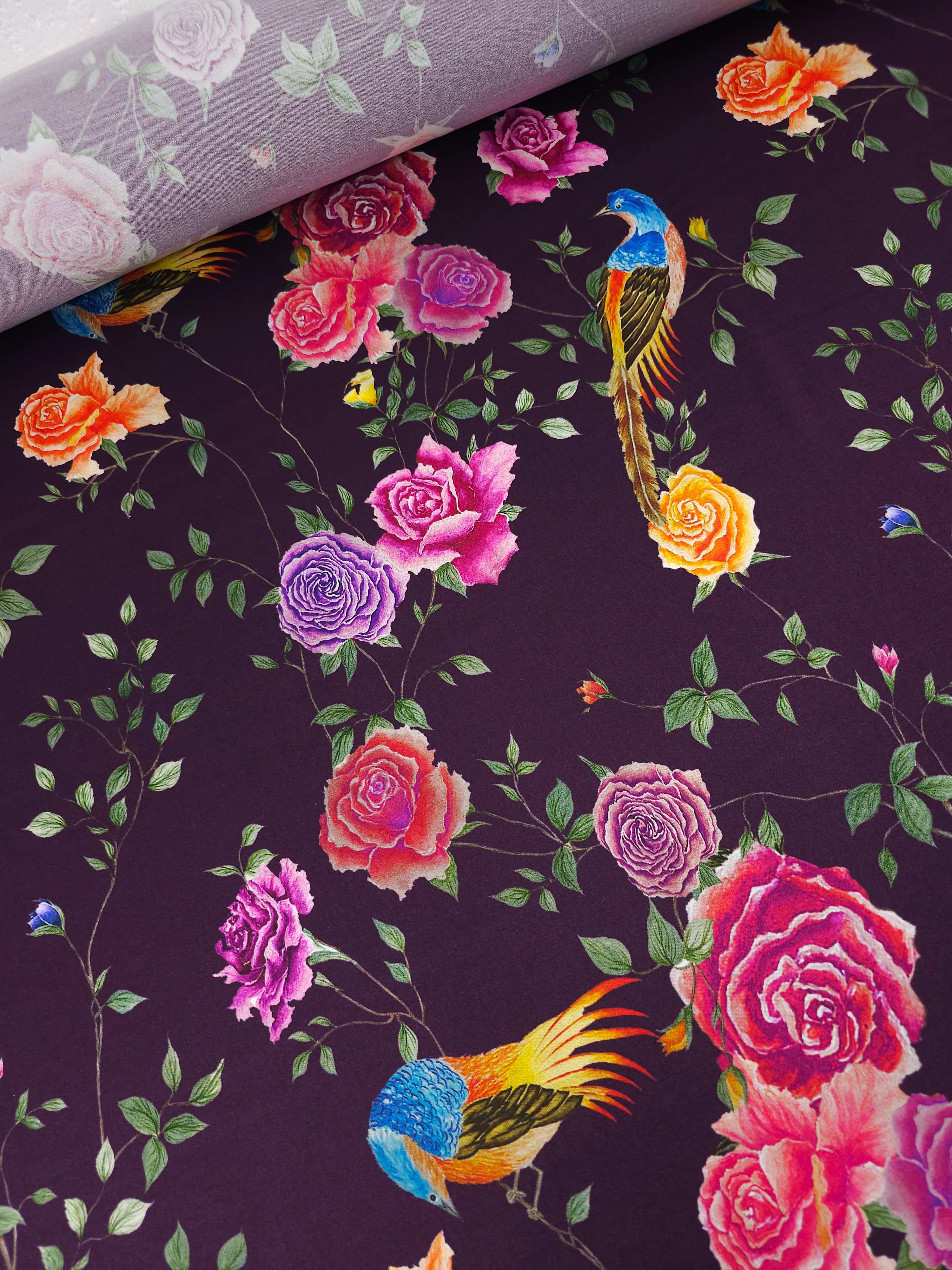 Dark Purple Bird Floral Viscose Satin Stretch