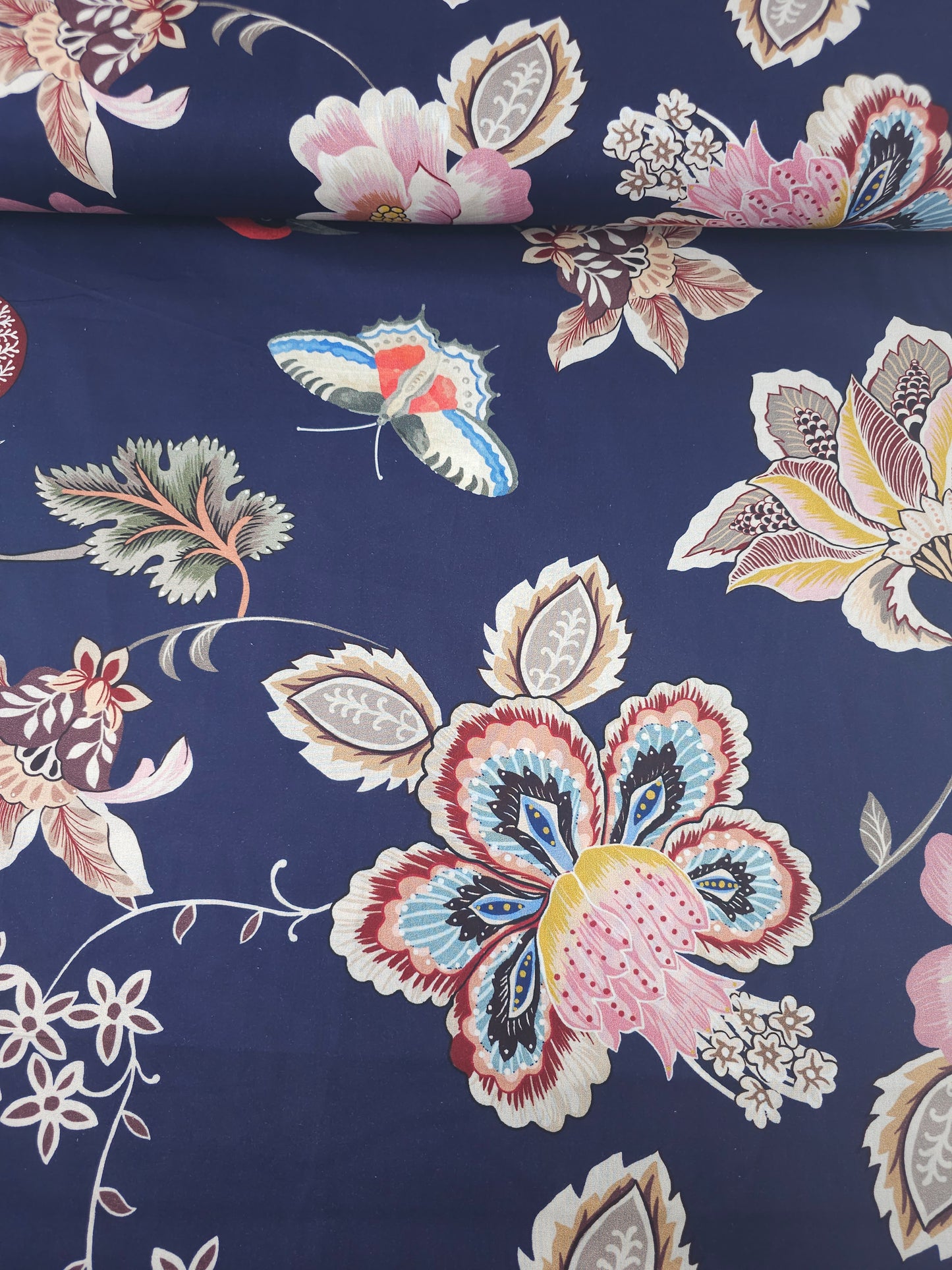 Navy Butterfly Bird Floral 100% Cotton 106"