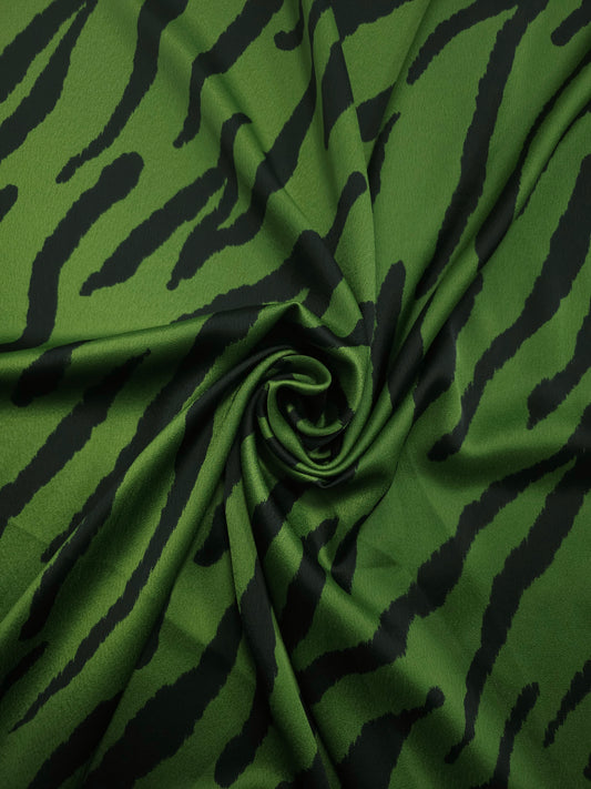 Olive Green/black Abstract Zebra Stripe Viscose Satin