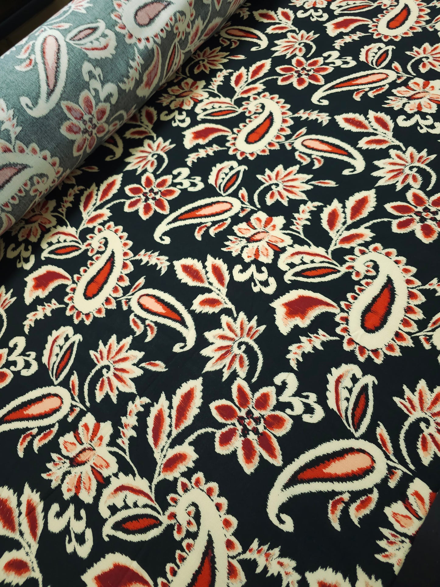 Greenish Black/Rust Static Paisley Floral Viscose Challis