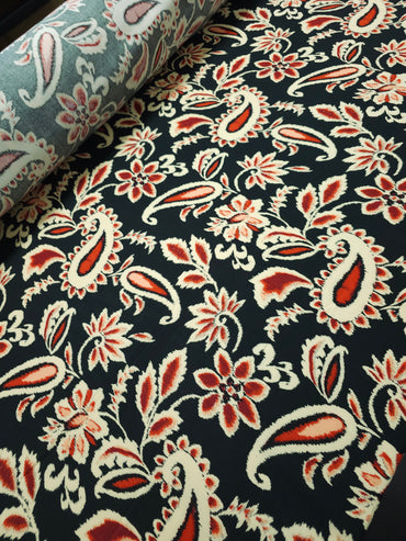 *PRE-ORDER* Greenish Black/Rust Static Paisley Floral Viscose Challis