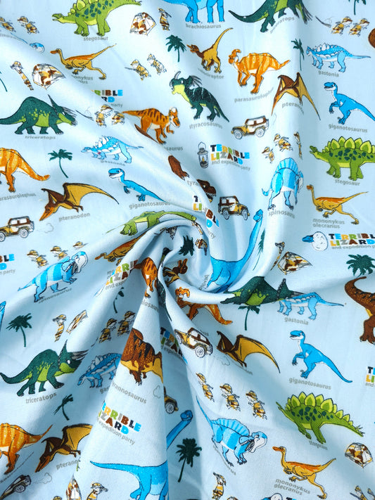 Light Blue Dinosaur Party 100% Cotton