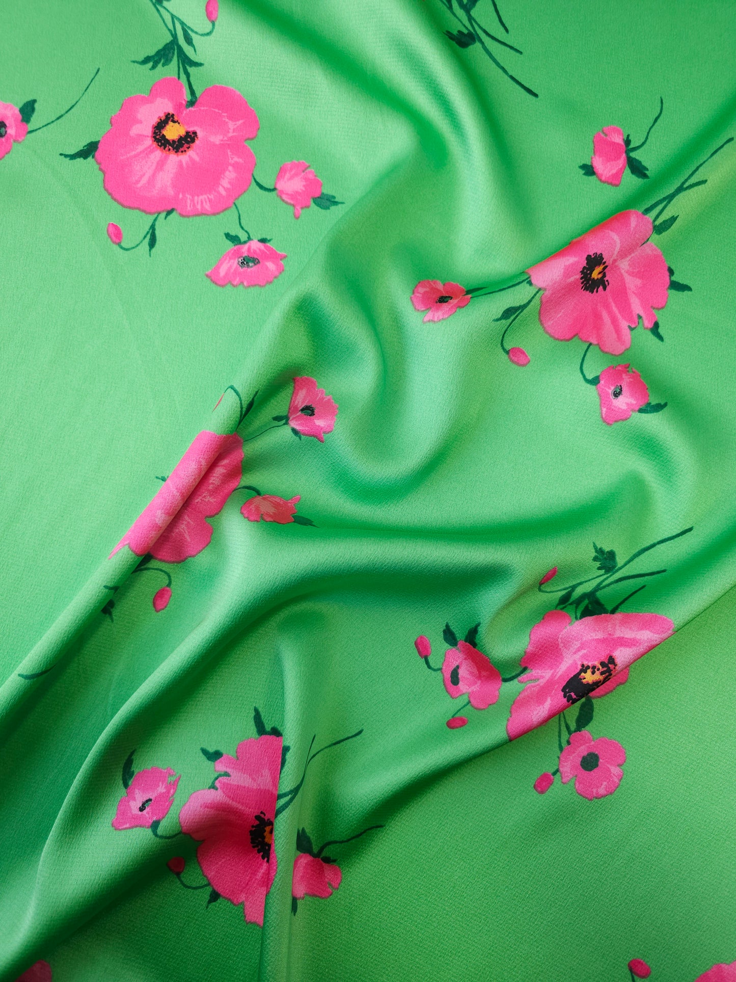 Green/Pink Small Poppy Flower Poly Satin