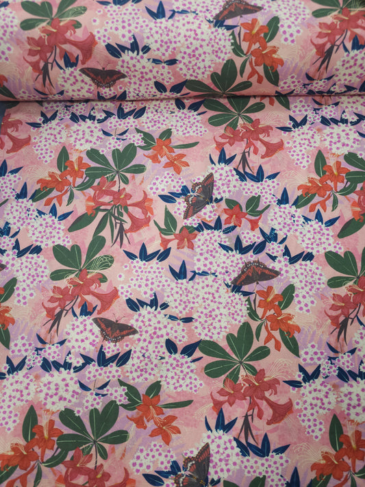 Peachy Pink Blossom Floral Butterfly 100% Cotton