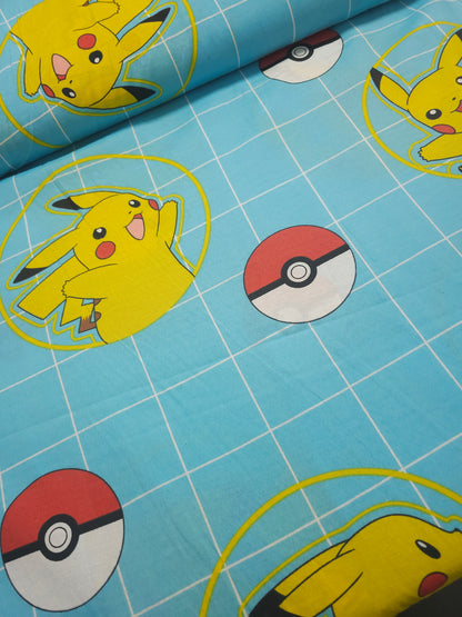 Light Blue Pokemon Check 100% Cotton 110"