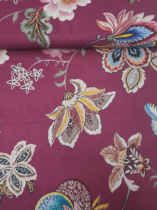 Burgundy Large Butterfly Bird Floral 100% Cotton 106"