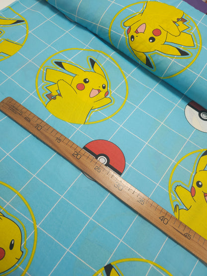 Light Blue Pokemon Check 100% Cotton 110"