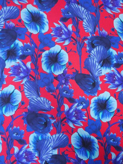 Red/Blue Shell Floral Poly Satin Twill